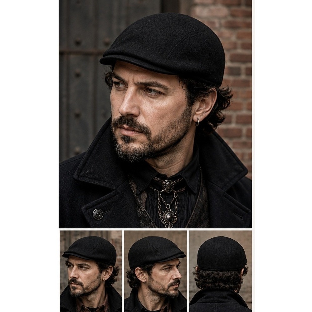 Cheveux Wool Flat Cap Mens L/XL Dark Academia Black Seamless Molded Ivy Hat